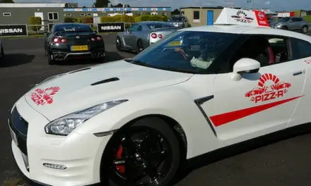 Nissan GT-R Pizz-R delivery vehicle does Donuts and nearly swipes snapper