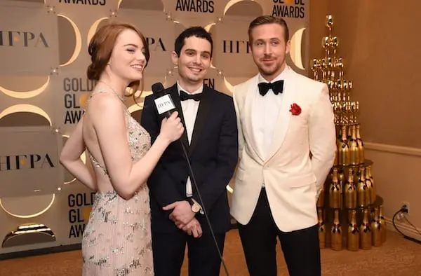 Films Emma Stone Damien Chazelle and Ryan Gosling during the 74th Annual Golden Globe Awards - Films