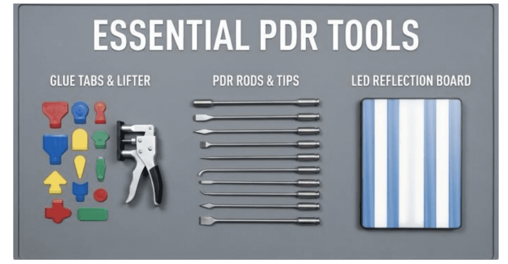 The Ultimate Hail Dent Repair Guide: Remove Dents Safely Without Damaging Paint essential PDR Tools 1024x532 - The Ultimate Hail Dent Repair Guide: Remove Dents Safely Without Damaging Paint