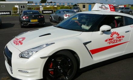 Nissan GT-R Pizz-R delivery vehicle does Donuts and nearly swipes snapper