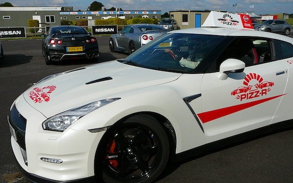 Nissan GT-R Pizz-R delivery vehicle does Donuts and nearly swipes snapper