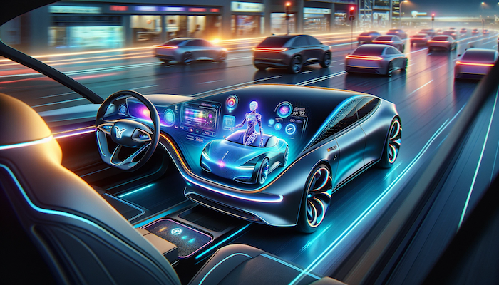 DALL&middot;E 2024 01 28 14.47.20 The scene is set on a futuristic highway with sleek and advanced cars cruising along. One of the cars stands out featuring a glowing dashboard full copy - Stories